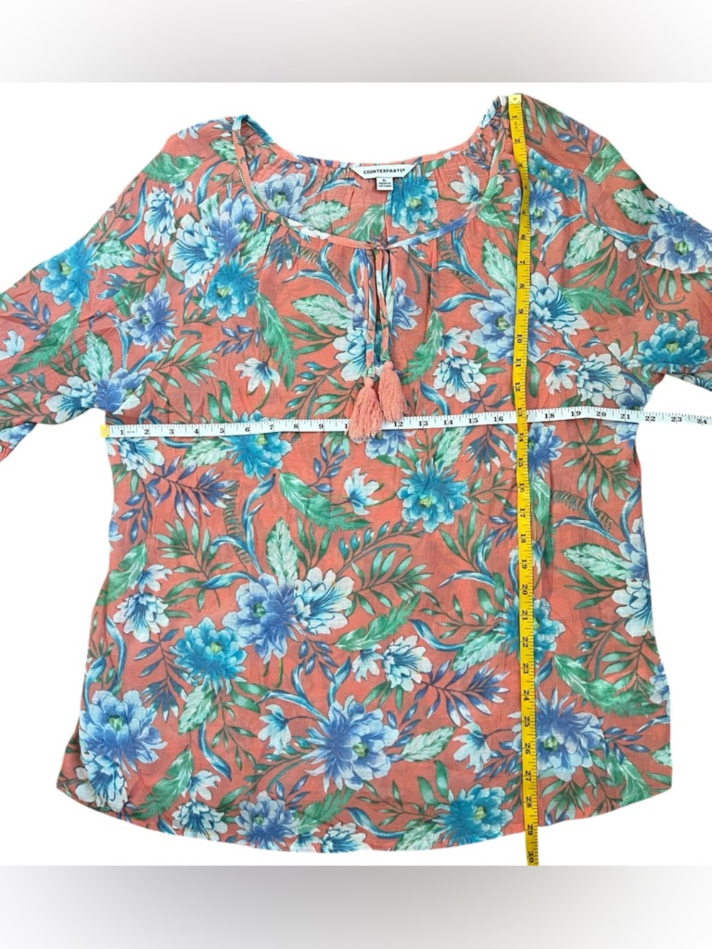 Counterparts Floral Boho Peasant Blouse Bell Sleeve Tassel Tie XL - Picture 5 of 9